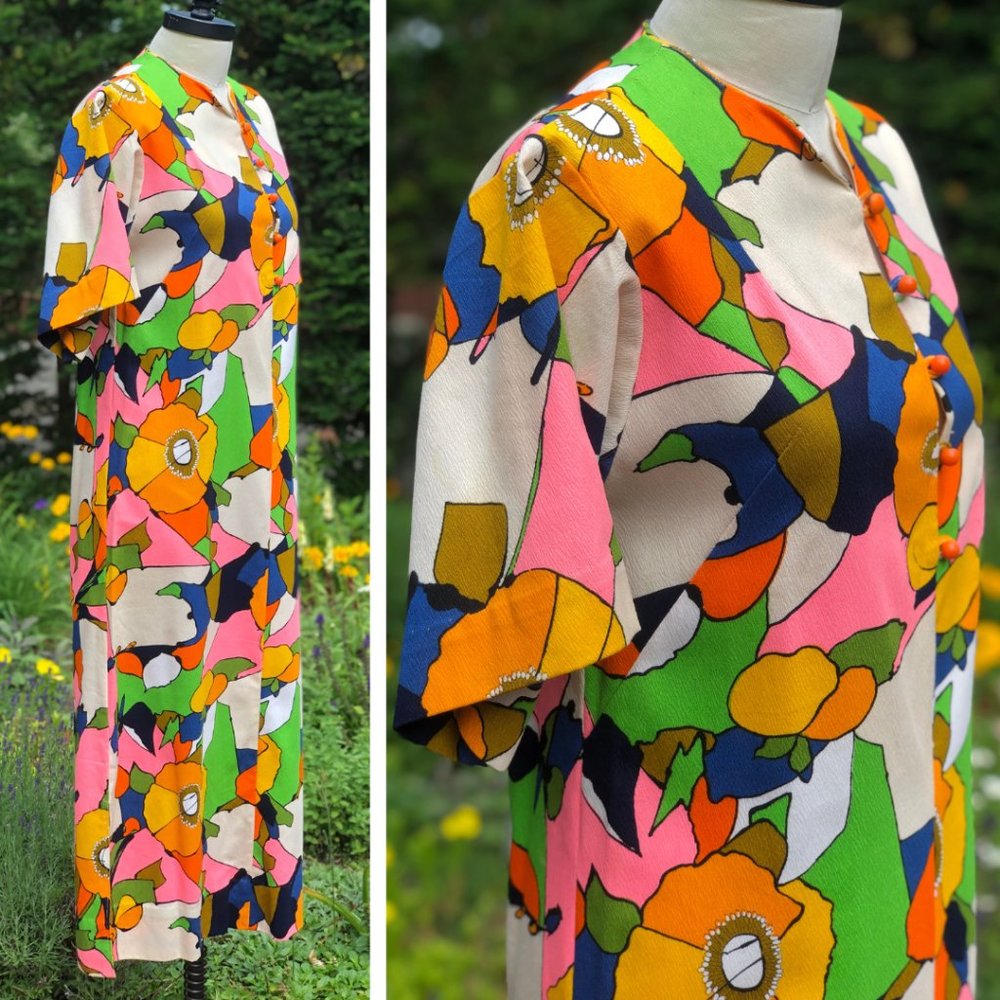 Vintage 60s/70s Psychedelic Floral Citrus Fruit Flower Power Hostess Maxi Dress - Picture 6 of 16
